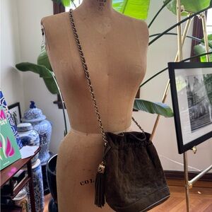 Elegant Olive Green CHANEL Suede Shoulder Bag